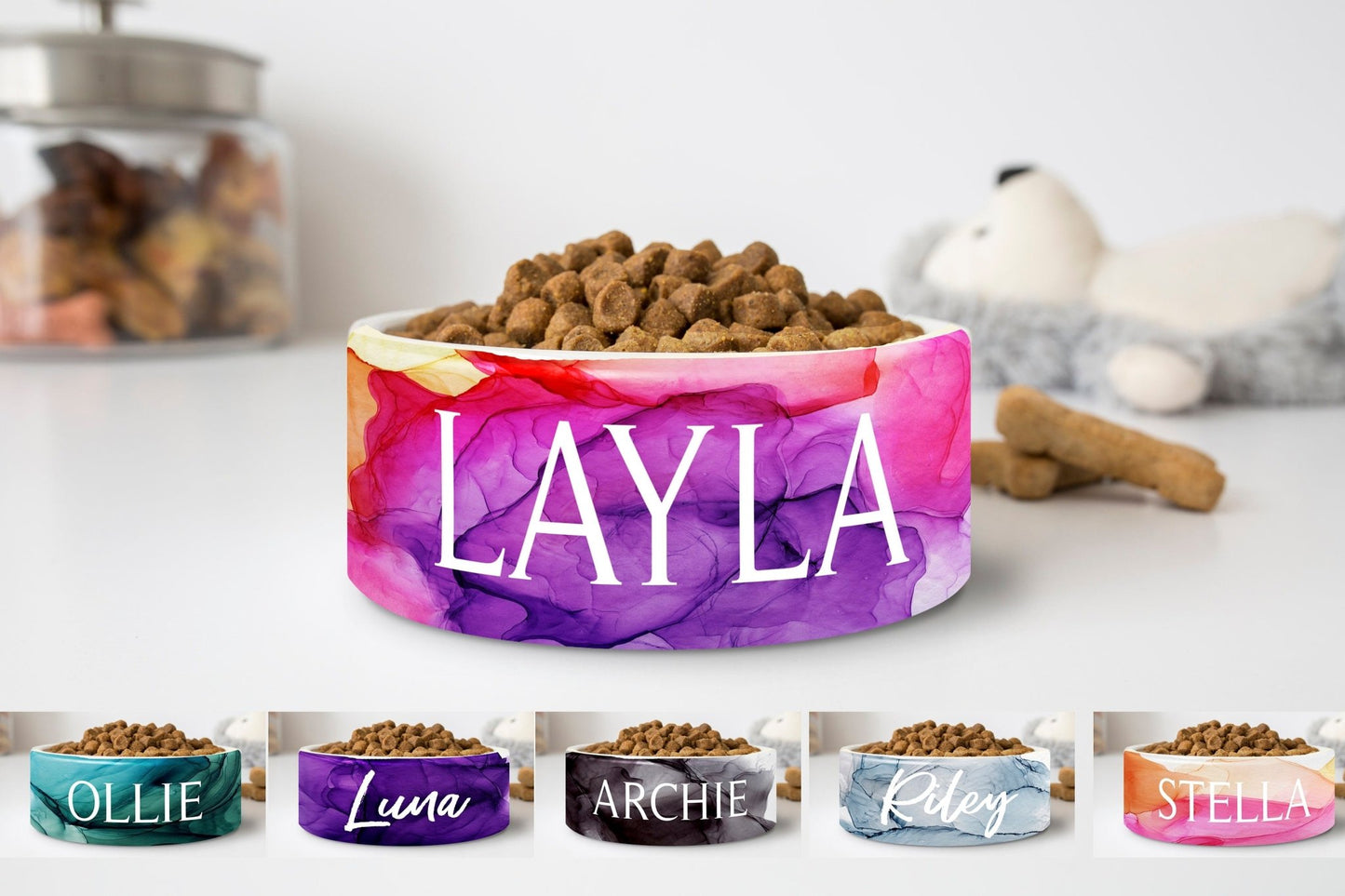 Alcohol Watercolor Ink Custom Dog Bowls Personalized Dog Bowl Cat Pet with Name Gift for Pet Food Bowl Water Bowl Ceramic 6" or 7" - Squishy Cheeks