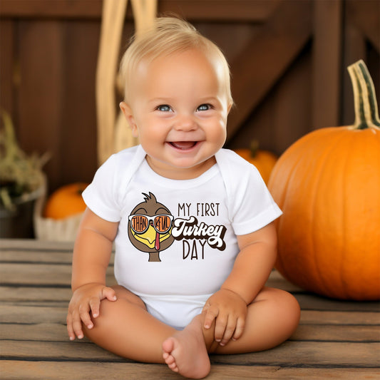 Baby Boy 1st Thanksgiving My First Turkey Day Bodysuit - Squishy Cheeks