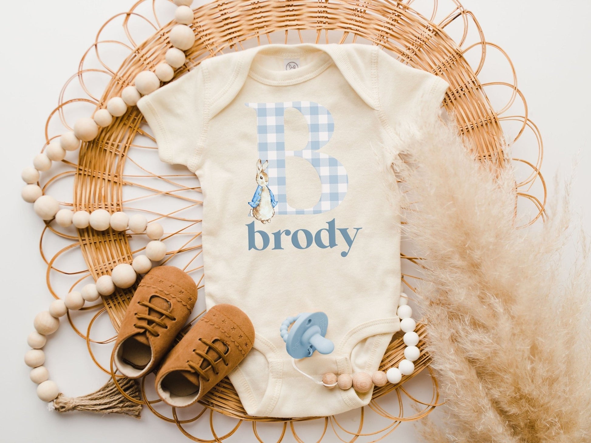 Baby Boy Easter Outfit Plaid Monogram Bodysuit Romper, Blue Plaid Easter Bubble Romper With Name Easter Sweatsuit - Squishy Cheeks