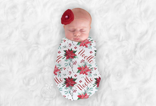 Baby Girl Christmas Poinsettia Blanket Personalize Baby Swaddle Baby Shower Gift Monogram Baby Blanket Name Blanket Receiving Blanket - Squishy Cheeks