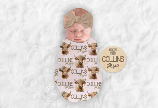 Baby Girl Personalized Highland Cow Baby Blanket Gender Neutral Baby Blanket - Squishy Cheeks