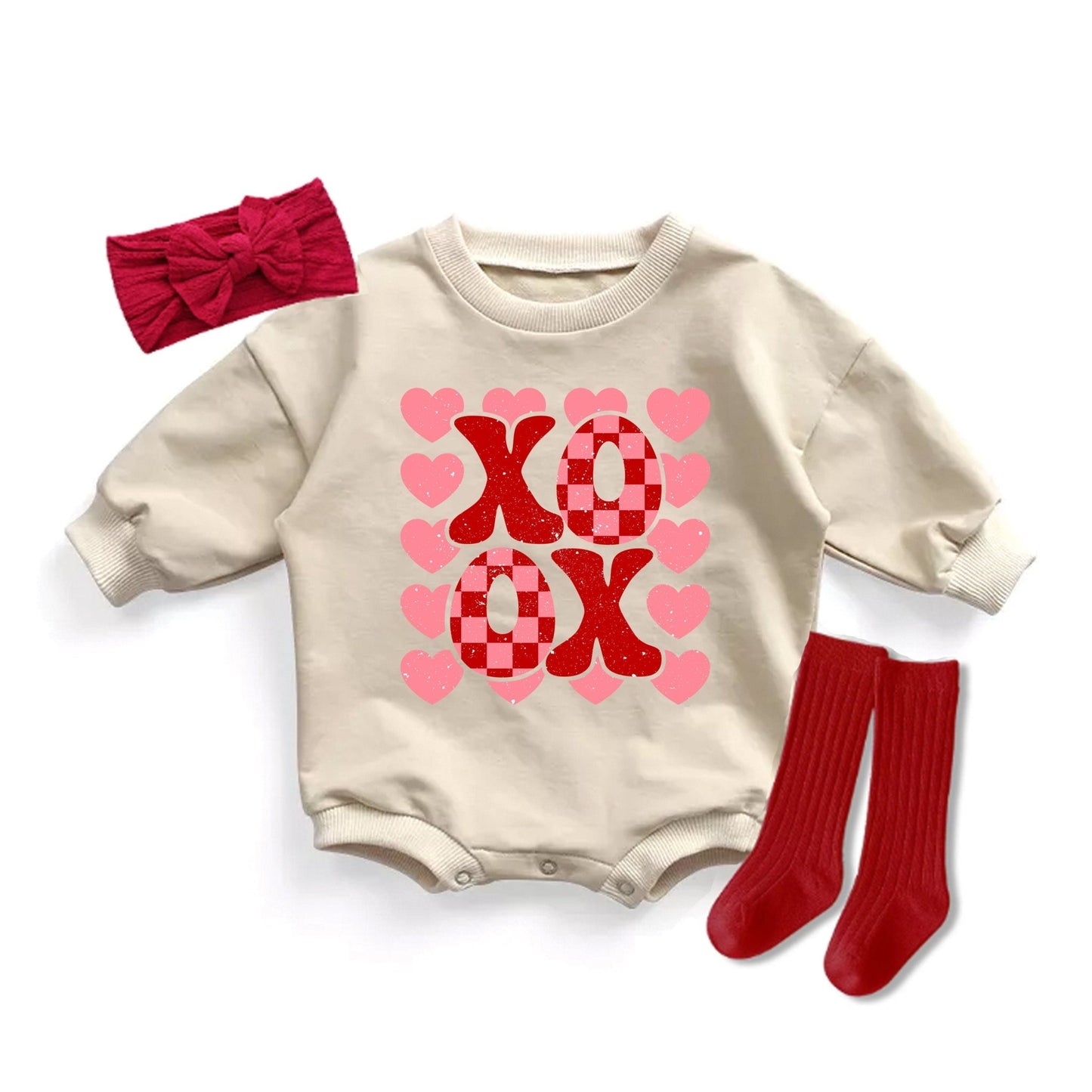 Baby Girl Valentine's Day Romper XOXO Hearts Retro Preppy Valentine's Day Outfit Baby's 1st Valentine Bubble Romper - Squishy Cheeks