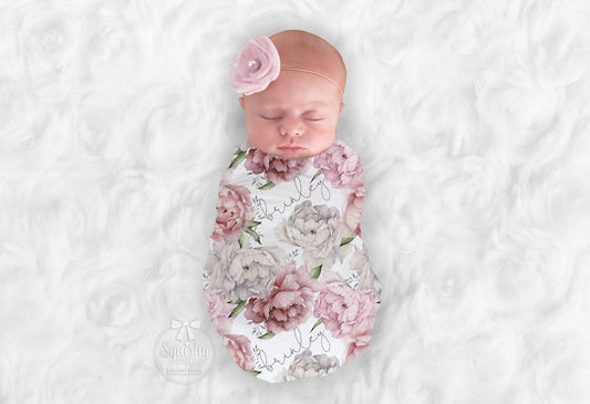 Baby Peony Blanket Pink Floral Rose Baby Girl Swaddle Personalize Baby Blanket Baby Shower Gift Monogram Blanket Name Blanket Receiving - Squishy Cheeks