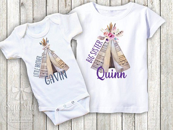 Big Sister Little Brother Boho Teepee Sibling Shirt Pack - Squishy Cheeks