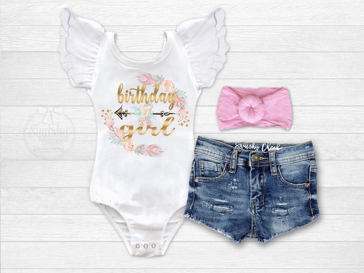 Birthday Girl Outfit 1st Birthday 2nd Birthday Boho Birthday Leotard Feather Outfit Distressed Denim - Squishy Cheeks