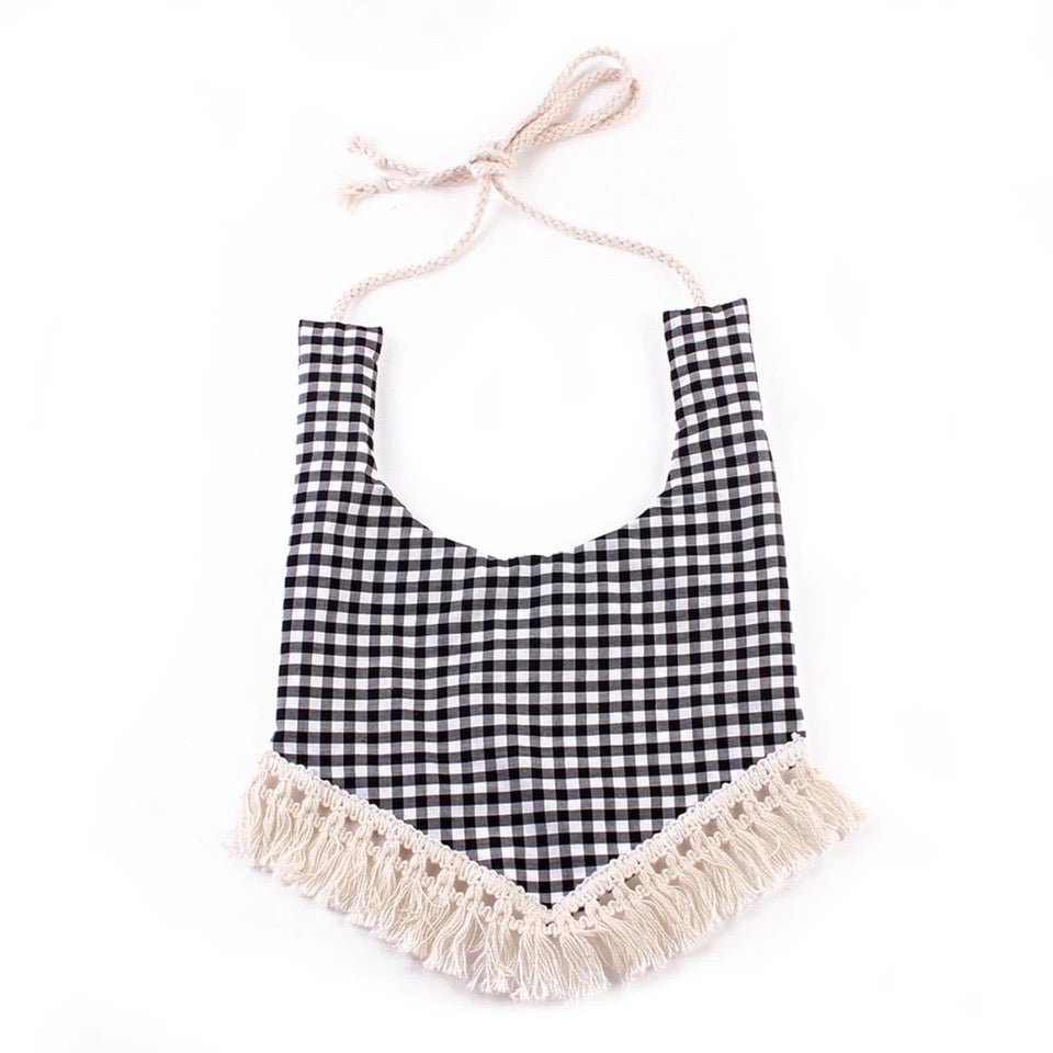 Black and White Plaid Tassle Bibs - Squishy Cheeks