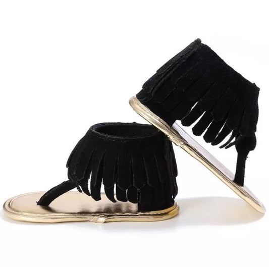 Black Boho Fringe Sandals - Squishy Cheeks