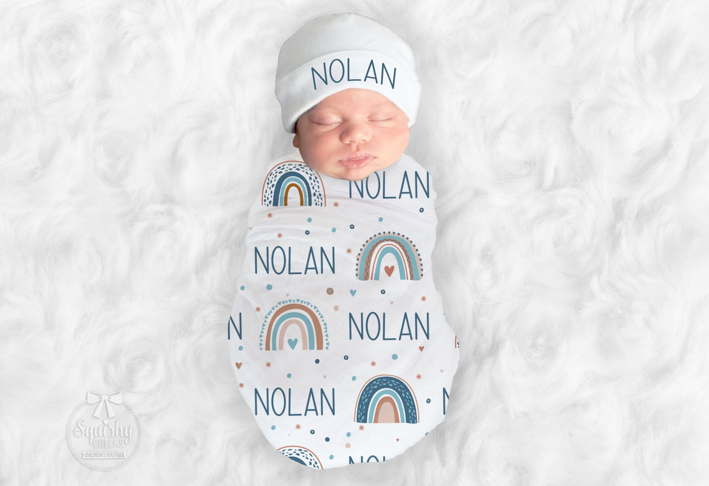 Blue Neutral Rainbow Swaddle Blanket - Squishy Cheeks