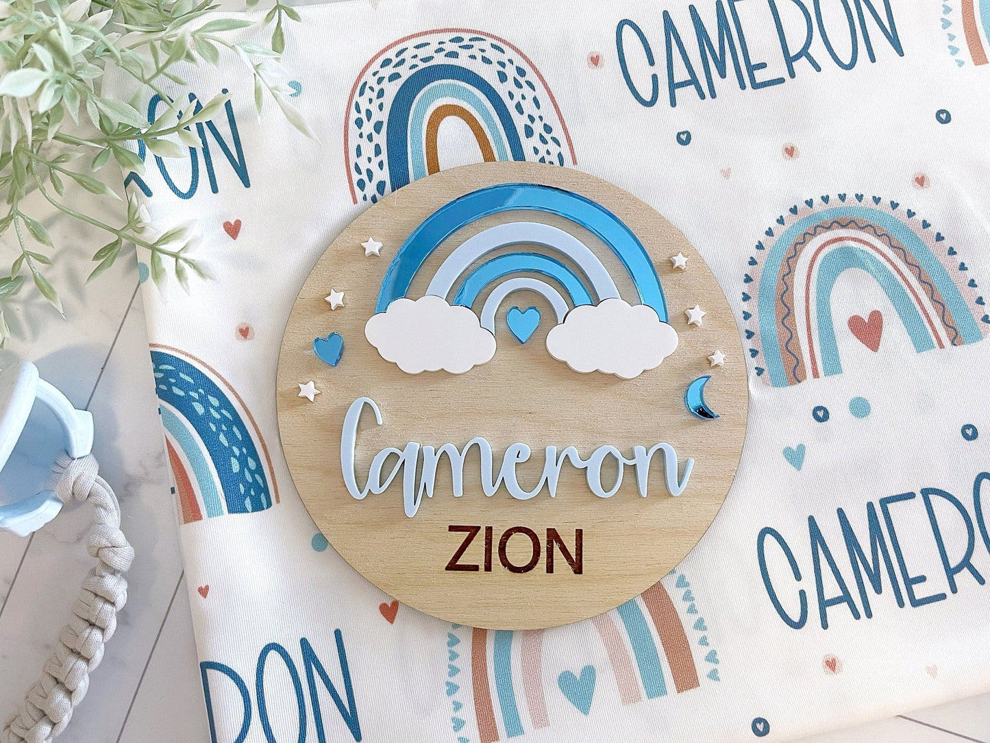 Blue Rainbow Baby Boy Name Sign - Squishy Cheeks