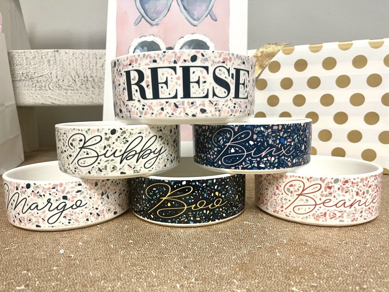 Boho Chic Terrazzo Personalized Pet Bowls for Dogs and Cats Eclectic Modern Spotted Dishes With Name - Squishy Cheeks