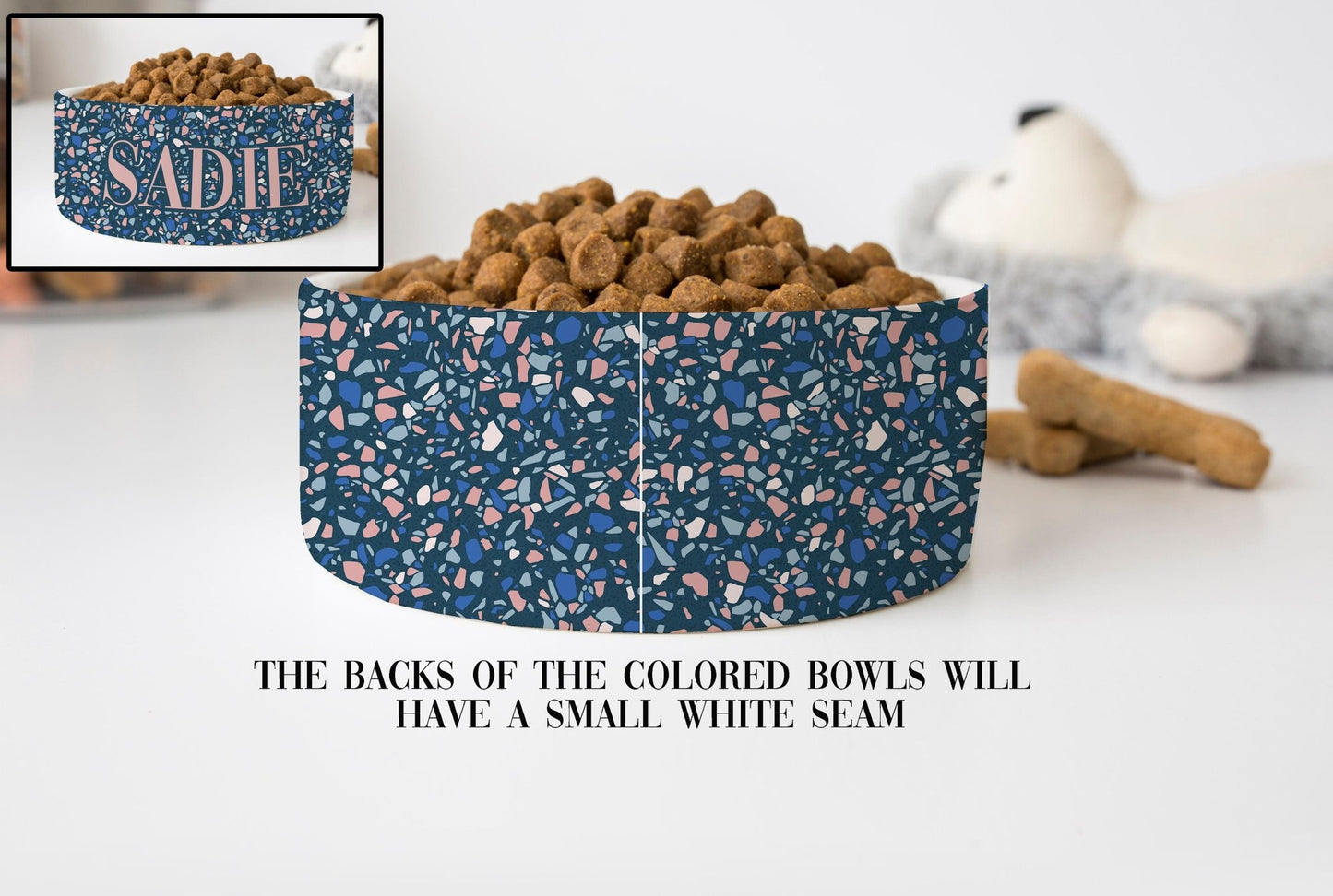 Boho Chic Terrazzo Personalized Pet Bowls for Dogs and Cats Eclectic Modern Spotted Dishes With Name - Squishy Cheeks