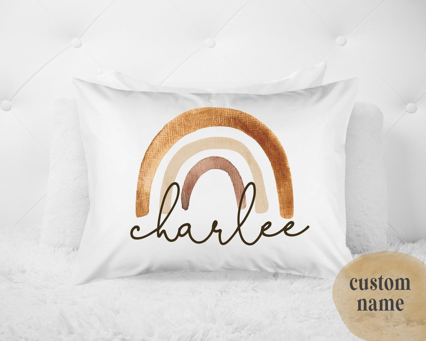 Boho Neutral Rainbow Custom Name Pillow Beige Bedroom Custom Name Pillow Boy Bedroom Custom Name Pillowcase Decor 20x30 Standard Pillow - Squishy Cheeks