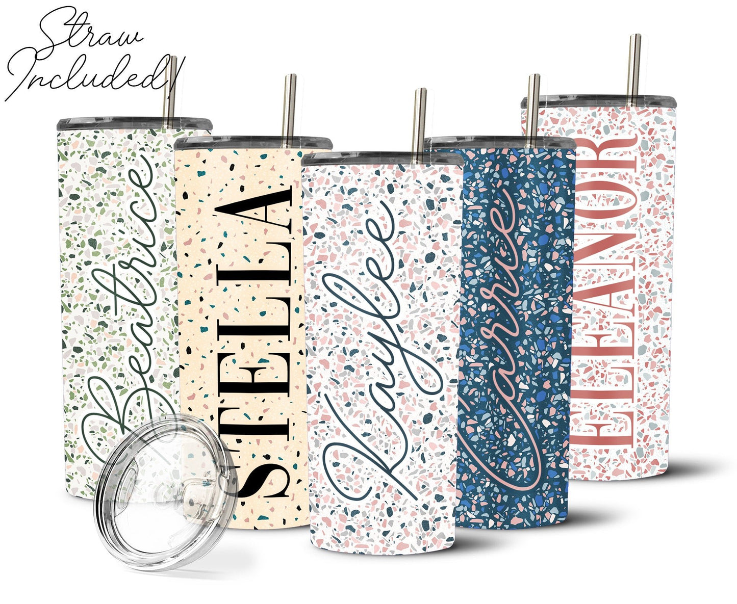 Boho Terrazzo Personalized Stainless Steel Tumbler with Straw - Squishy Cheeks