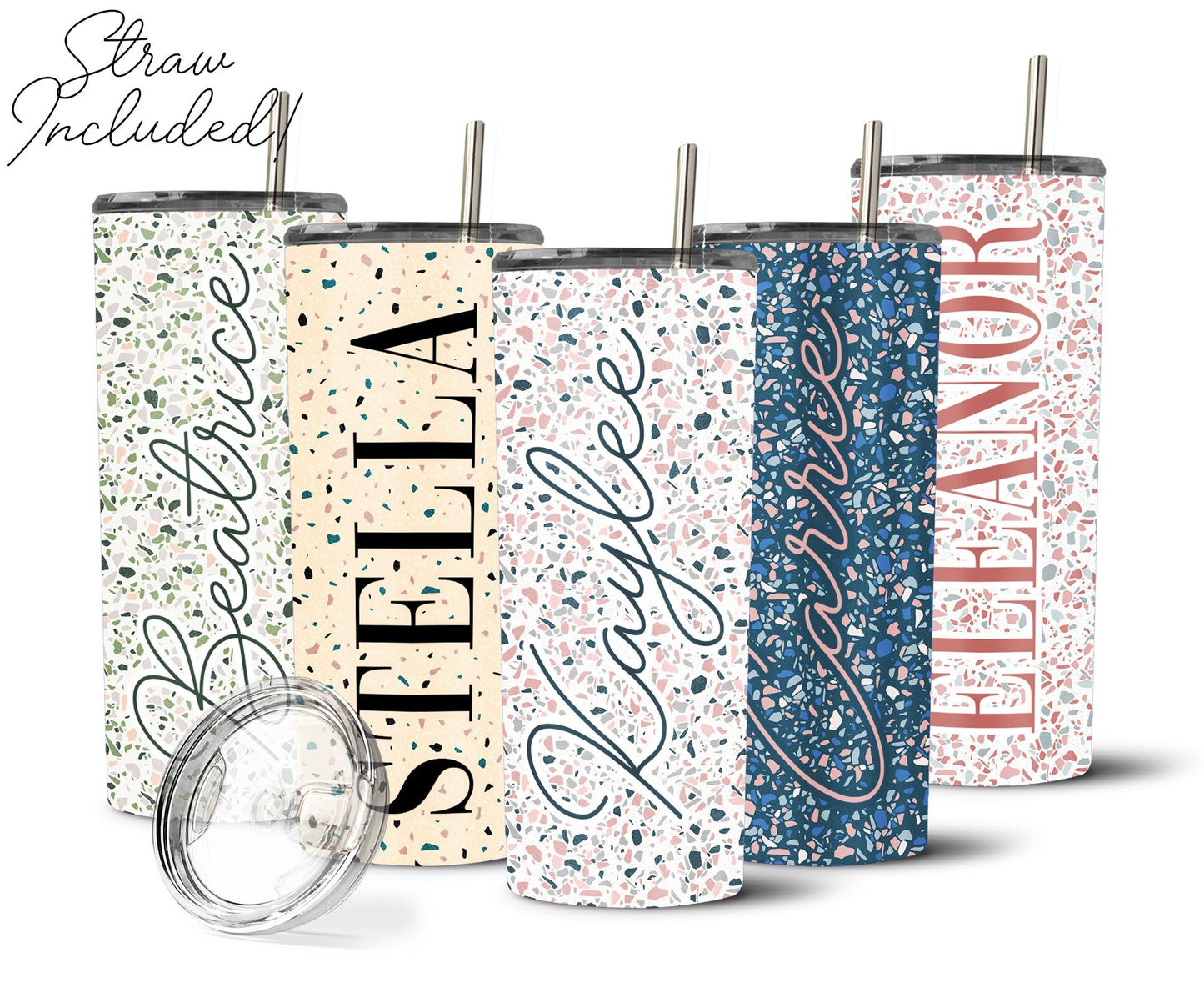 Boho Terrazzo Tumblers Personalized with Stainless Steel Straw - Squishy Cheeks