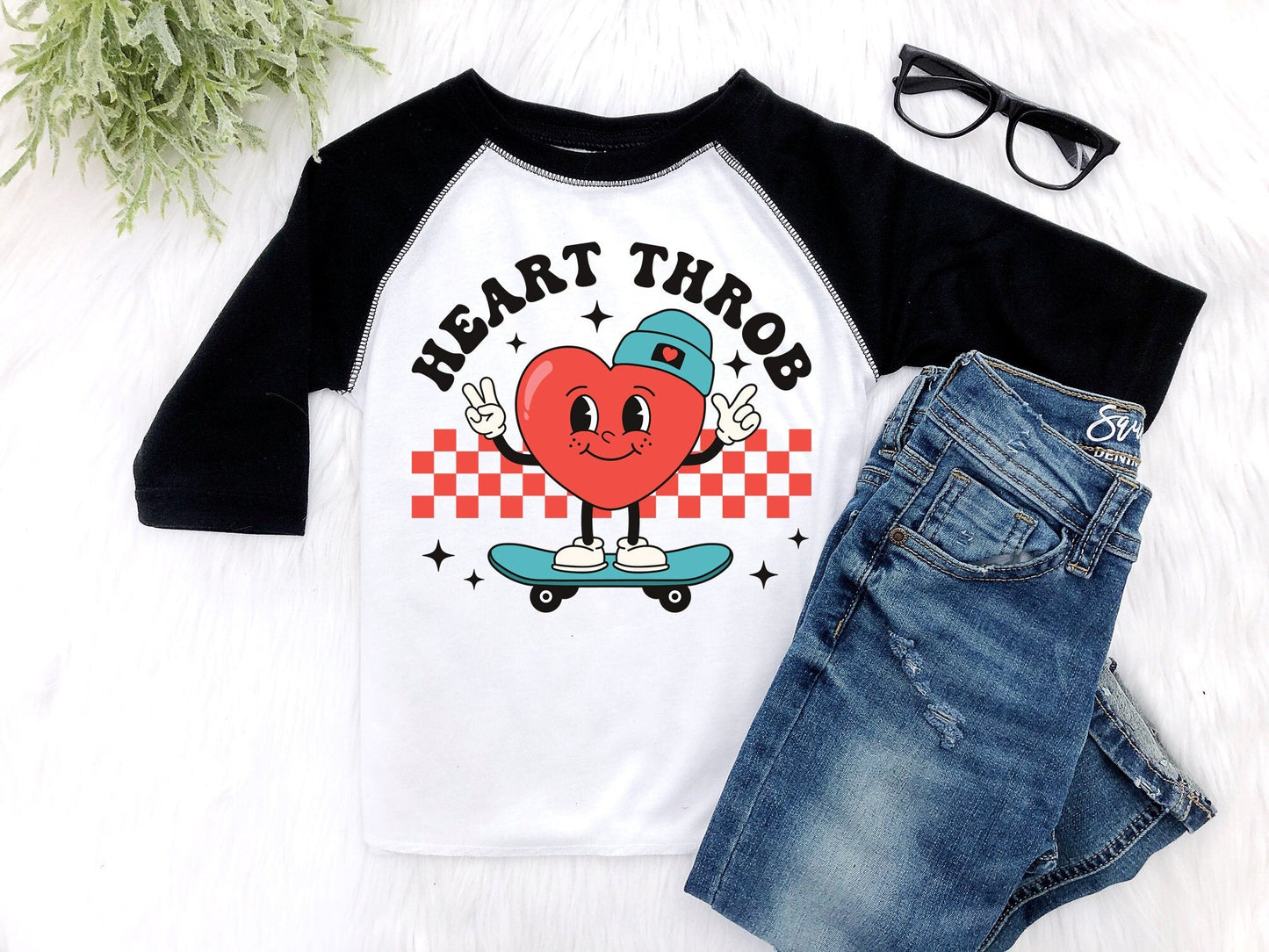 Boy's Heart Throb Funny Retro Valentine Shirt Boys Valentine's Day Raglan Skate Board Valentine Day Shirt Baby Boy - Squishy Cheeks