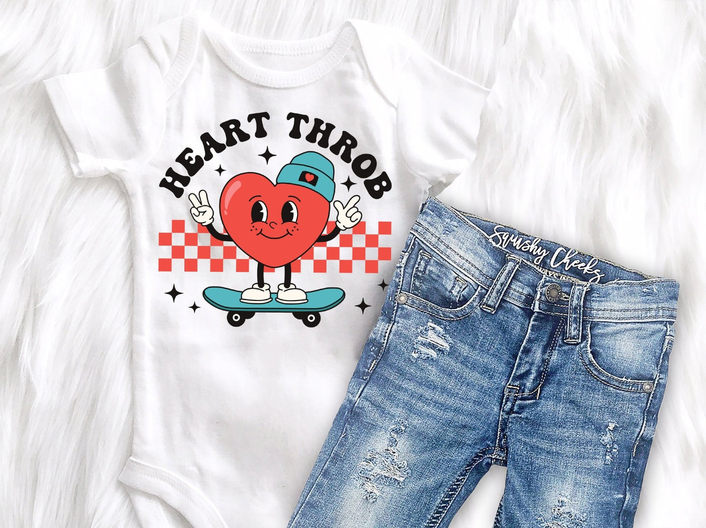 Boy's Heart Throb Funny Retro Valentine Shirt Boys Valentine's Day Raglan Skate Board Valentine Day Shirt Baby Boy - Squishy Cheeks
