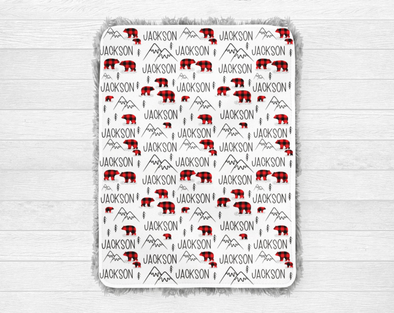 Boy's Personalized Buffalo Plaid Bear Baby Swaddle Blanket - Squishy Cheeks