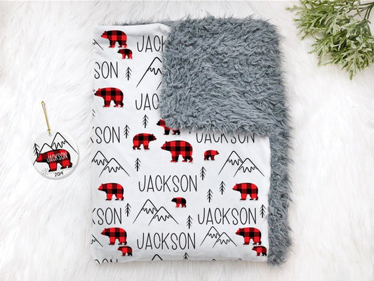 Boy's Personalized Buffalo Plaid Bear Baby Swaddle Blanket - Squishy Cheeks