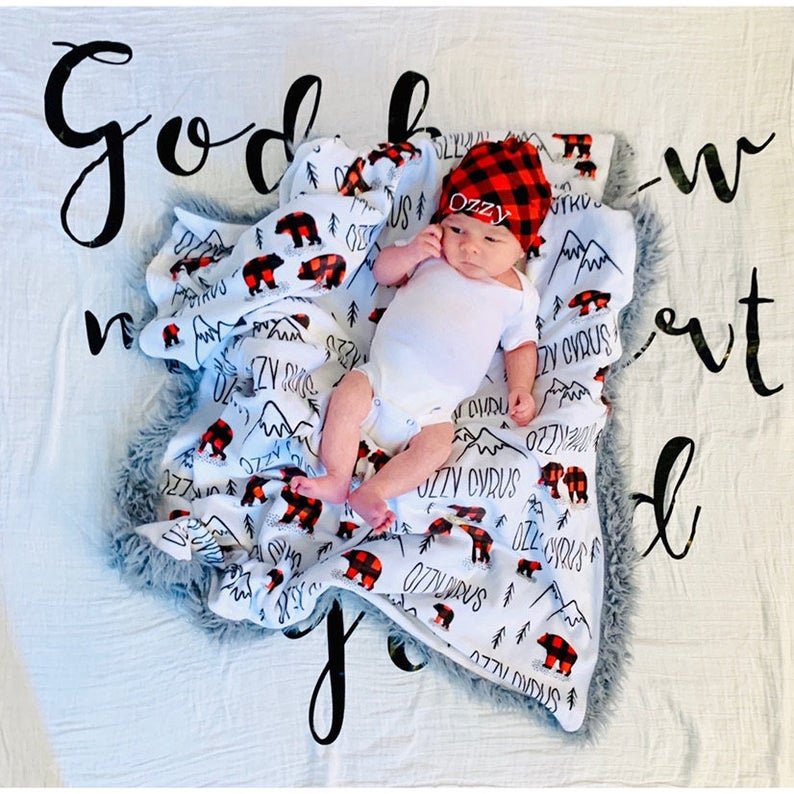 Boy's Personalized Buffalo Plaid Bear Baby Swaddle Blanket - Squishy Cheeks