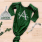 Boy's Personalized Knotted Baby Gown Monogramed Hunter Green Gown with Knottedf Hat - Squishy Cheeks