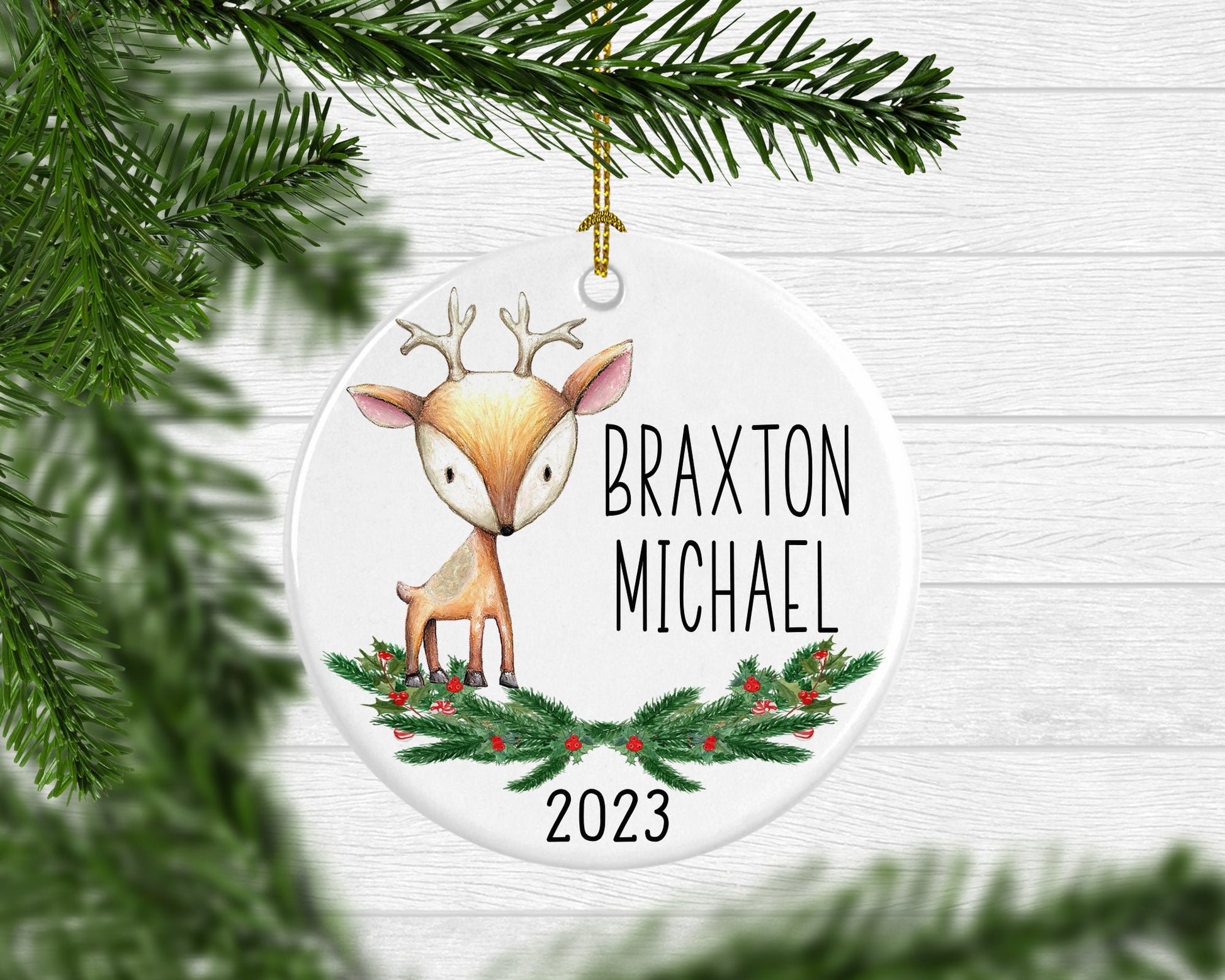 Boy's Personalized Reindeer Ornament - Squishy Cheeks