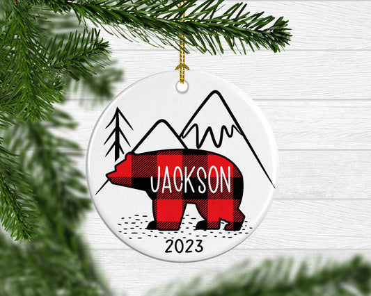 Boy's Red Buffalo Plaid Bear Christmas Ornament - Squishy Cheeks