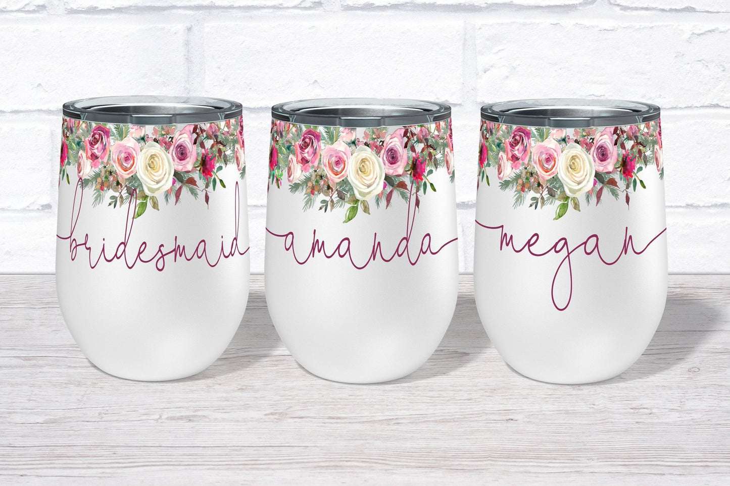 Bridesmaid Wine Tumbler Personalized Bridesmaid Gift Floral Wine Glass w/ Name Wedding Party Gift Stainless Steel Wine Tumbler Fast Shipping - Squishy Cheeks