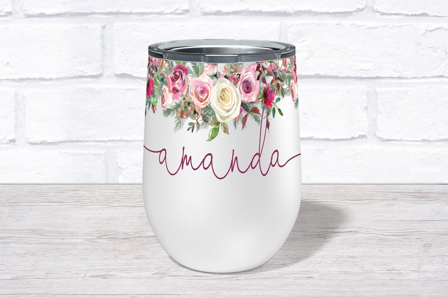 Bridesmaid Wine Tumbler Personalized Bridesmaid Gift Floral Wine Glass w/ Name Wedding Party Gift Stainless Steel Wine Tumbler Fast Shipping - Squishy Cheeks