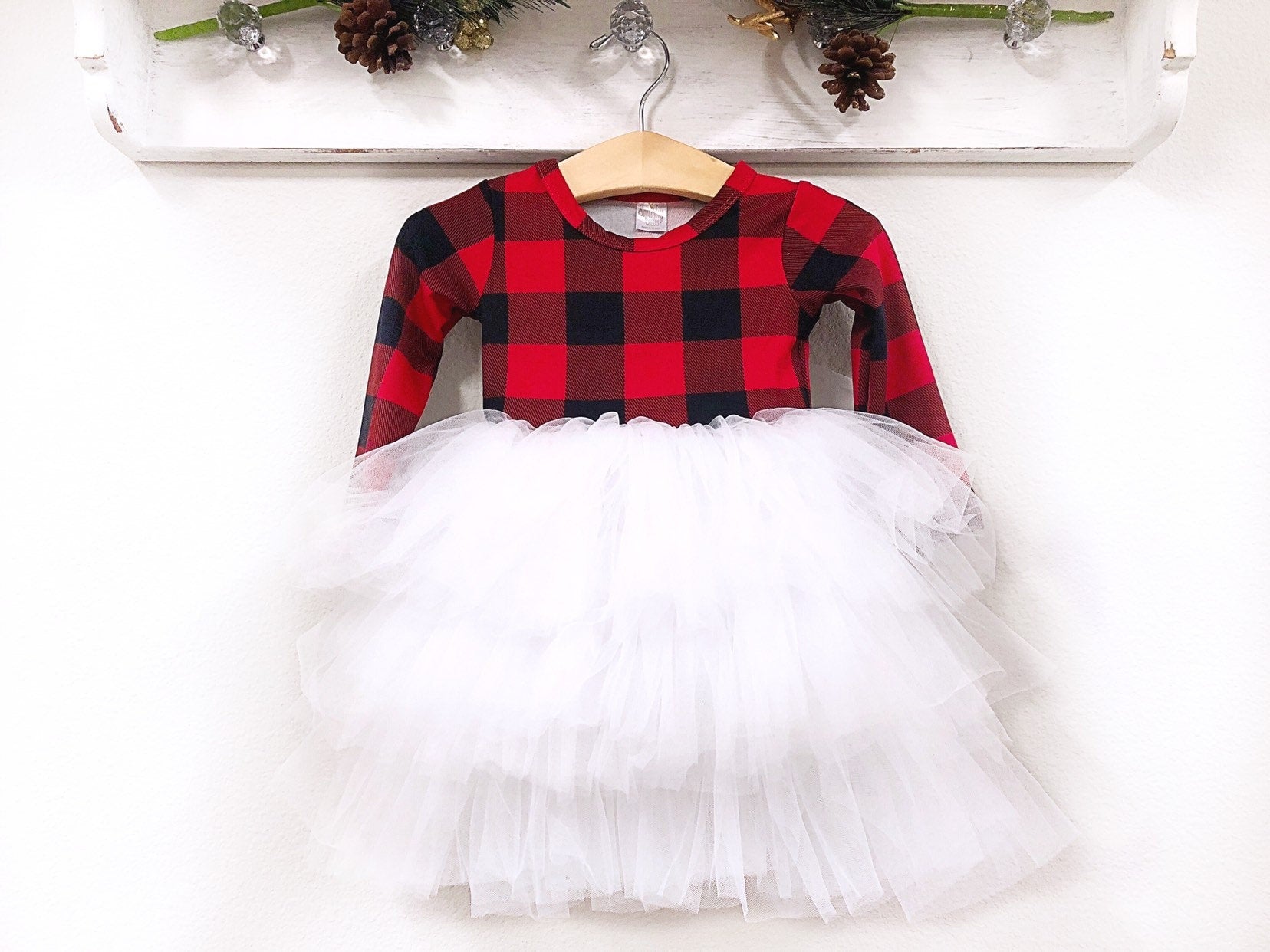 Buffalo Plaid Red Christmas Fluffy Twirl Dress Text / 6M Buffalo Plaid Red Christmas Fluffy Twirl Dress Text / 6M