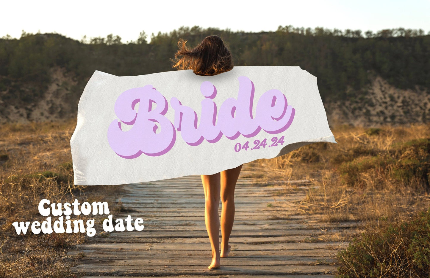Custom Retro Bride and Bridesmaid Beach Towels With Wedding Date - Squishy Cheeks