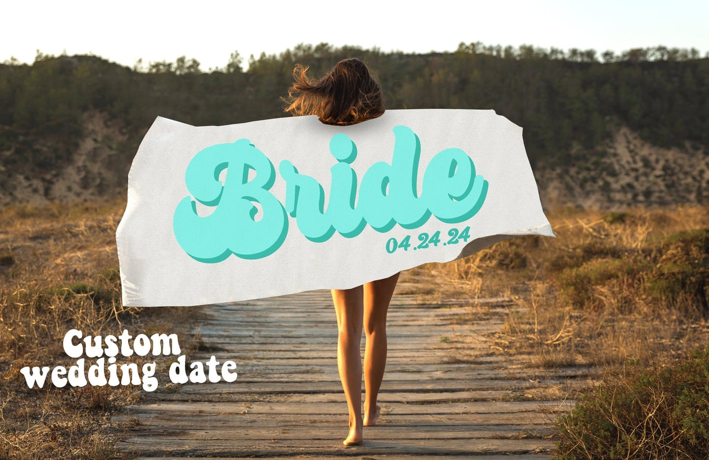 Custom Retro Bride and Bridesmaid Beach Towels With Wedding Date - Squishy Cheeks