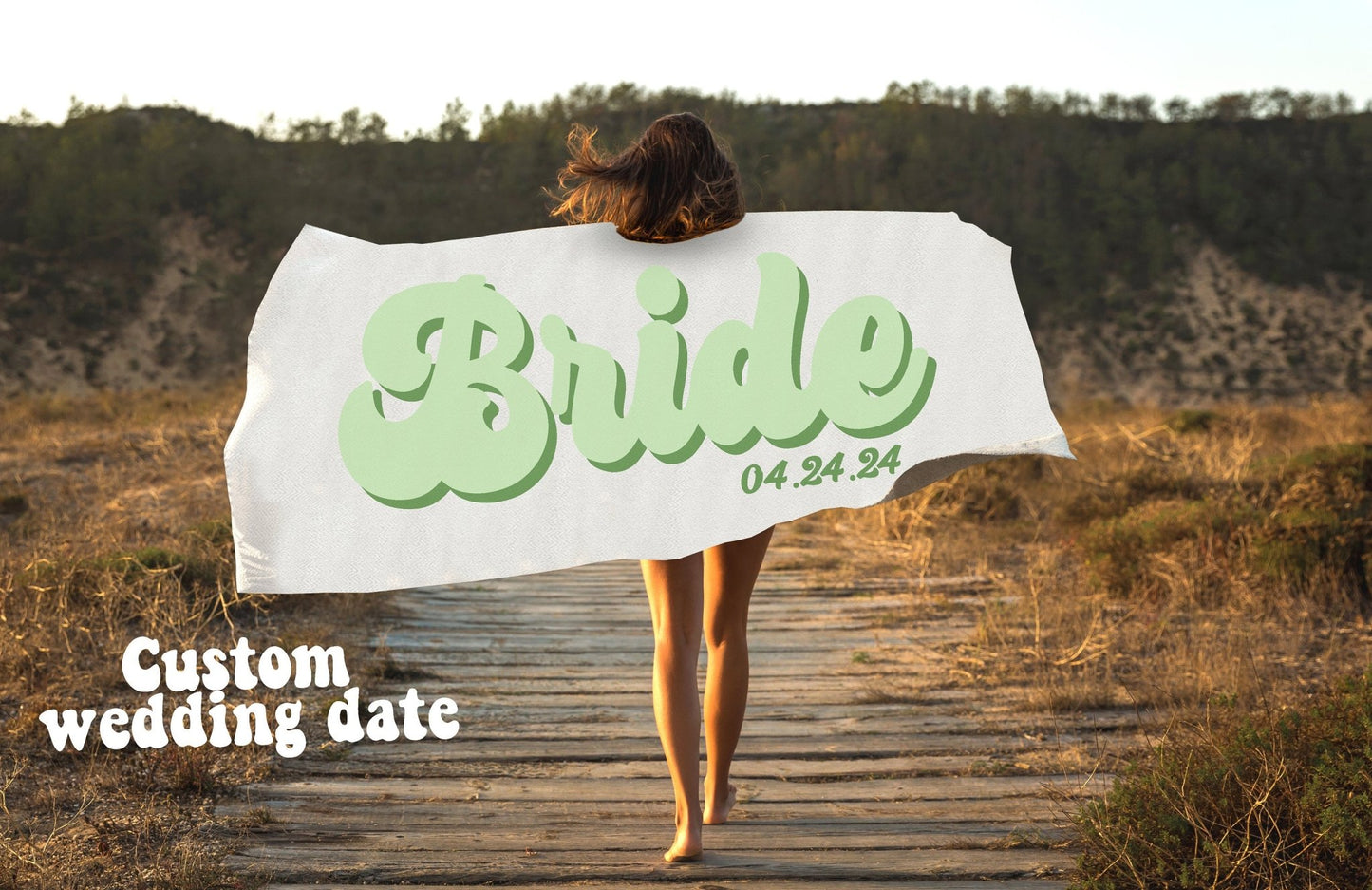 Custom Retro Bride and Bridesmaid Beach Towels With Wedding Date - Squishy Cheeks