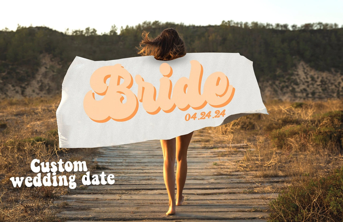 Custom Retro Bride and Bridesmaid Beach Towels With Wedding Date - Squishy Cheeks