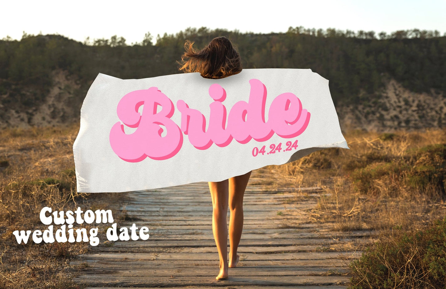 Custom Retro Bride and Bridesmaid Beach Towels With Wedding Date - Squishy Cheeks