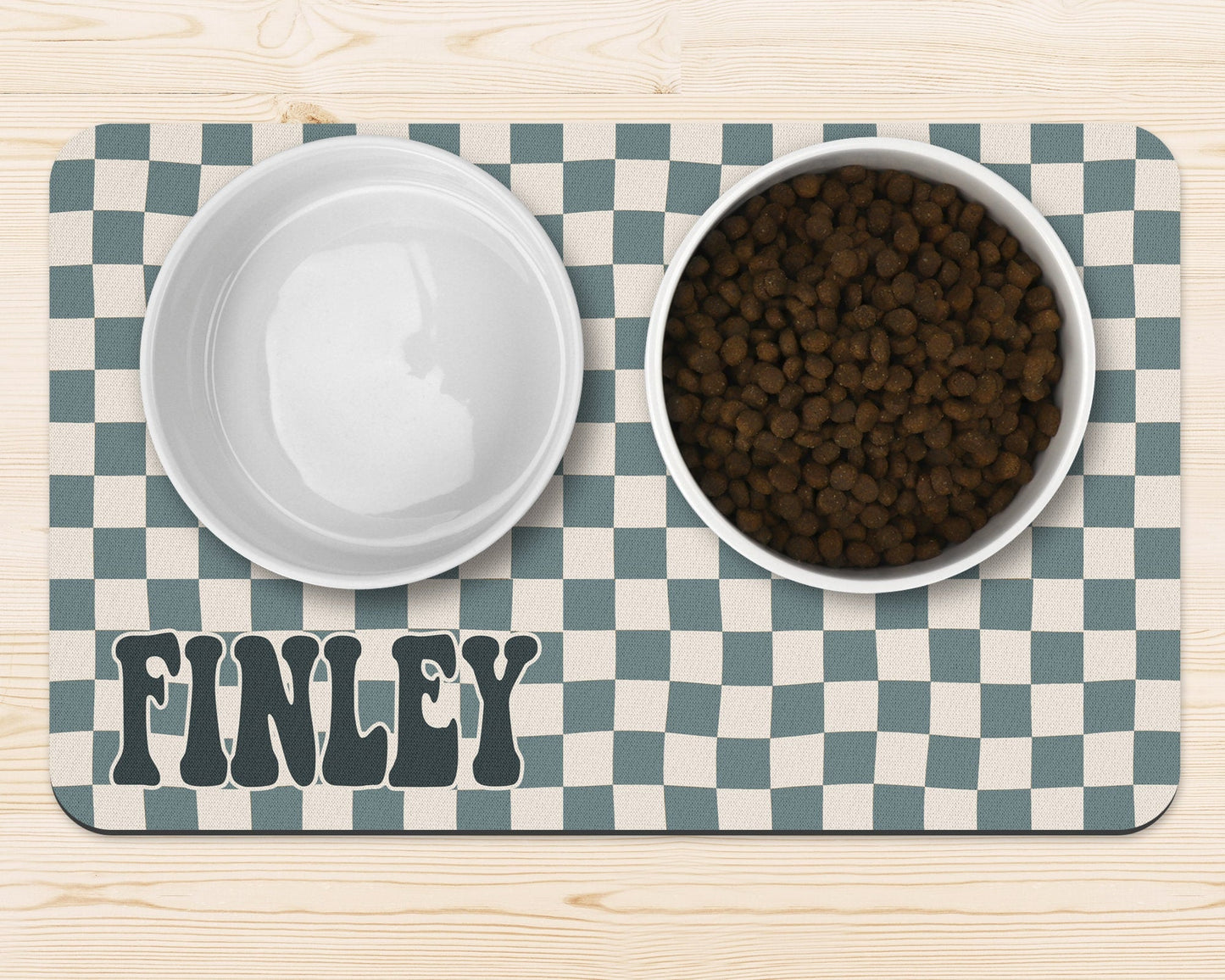 Custom Retro Checkered Personalized Dog Food Mat With Name Rubber Non-Slip - Squishy Cheeks