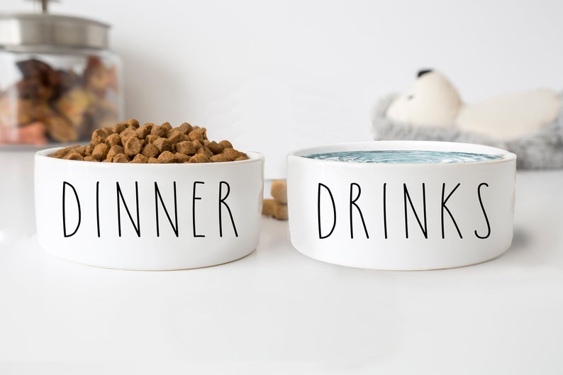 Dinner & Drinks White Ceramic Pet Food Bowl Set - Squishy Cheeks