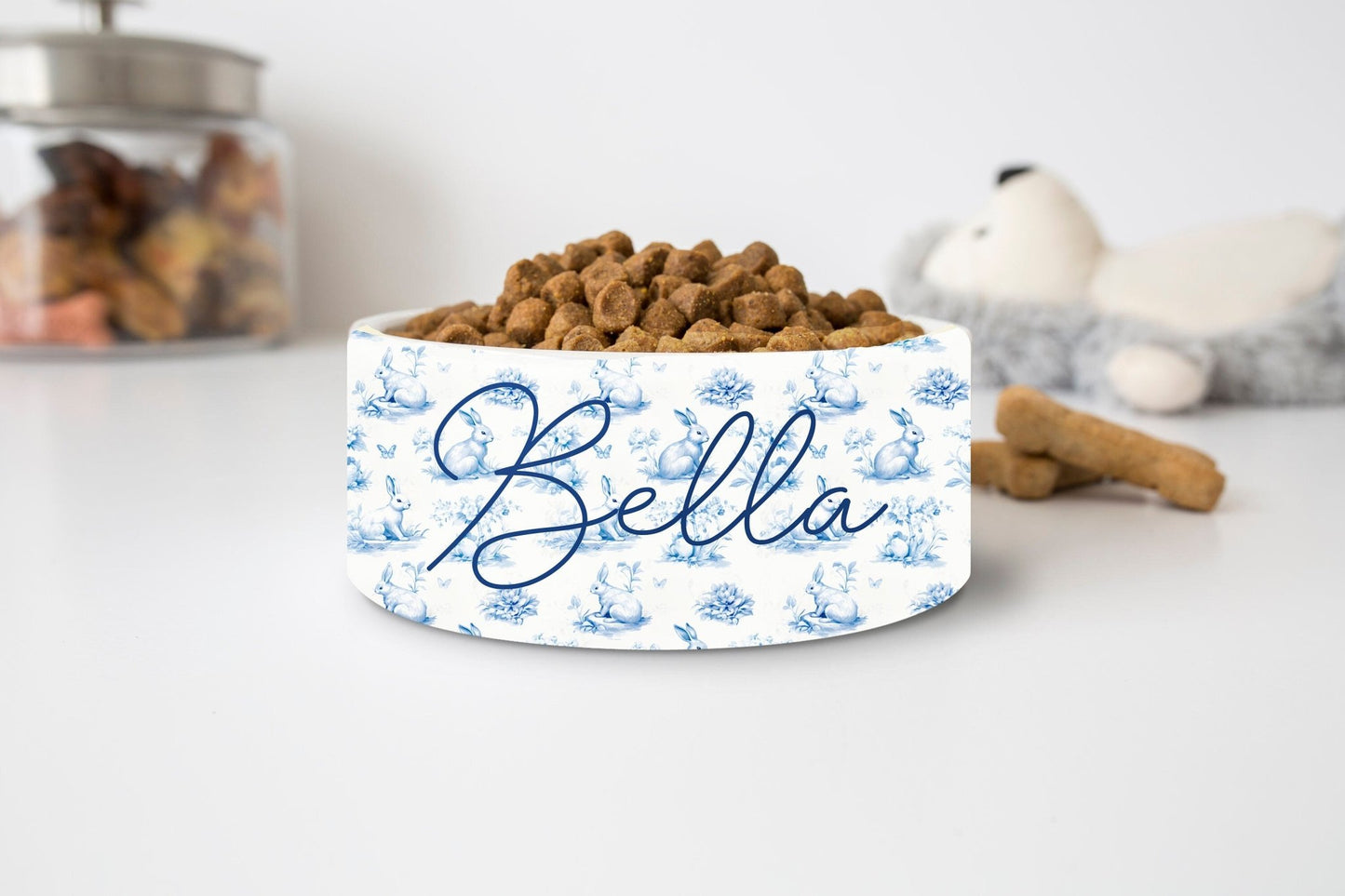 Easter Dog Bowl, Personalized Bunny Pet Bowl, Blue Toile Dog Bowl Food and Water - Squishy Cheeks