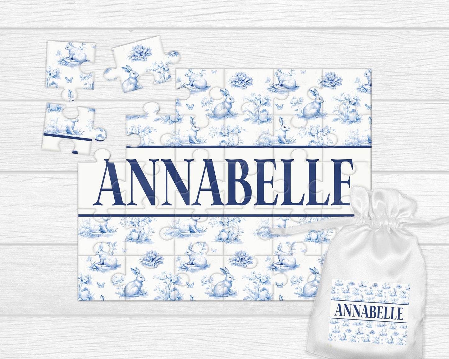 Easter Personalized Puzzle with Name Easter Basket Gift Blue Toile Bunny Puzzle - Squishy Cheeks