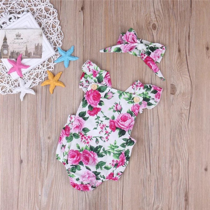 Floral Cross-Back Bubble Romper & Headband Set - Squishy Cheeks