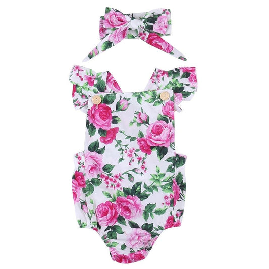 Floral Cross-Back Bubble Romper & Headband Set - Squishy Cheeks