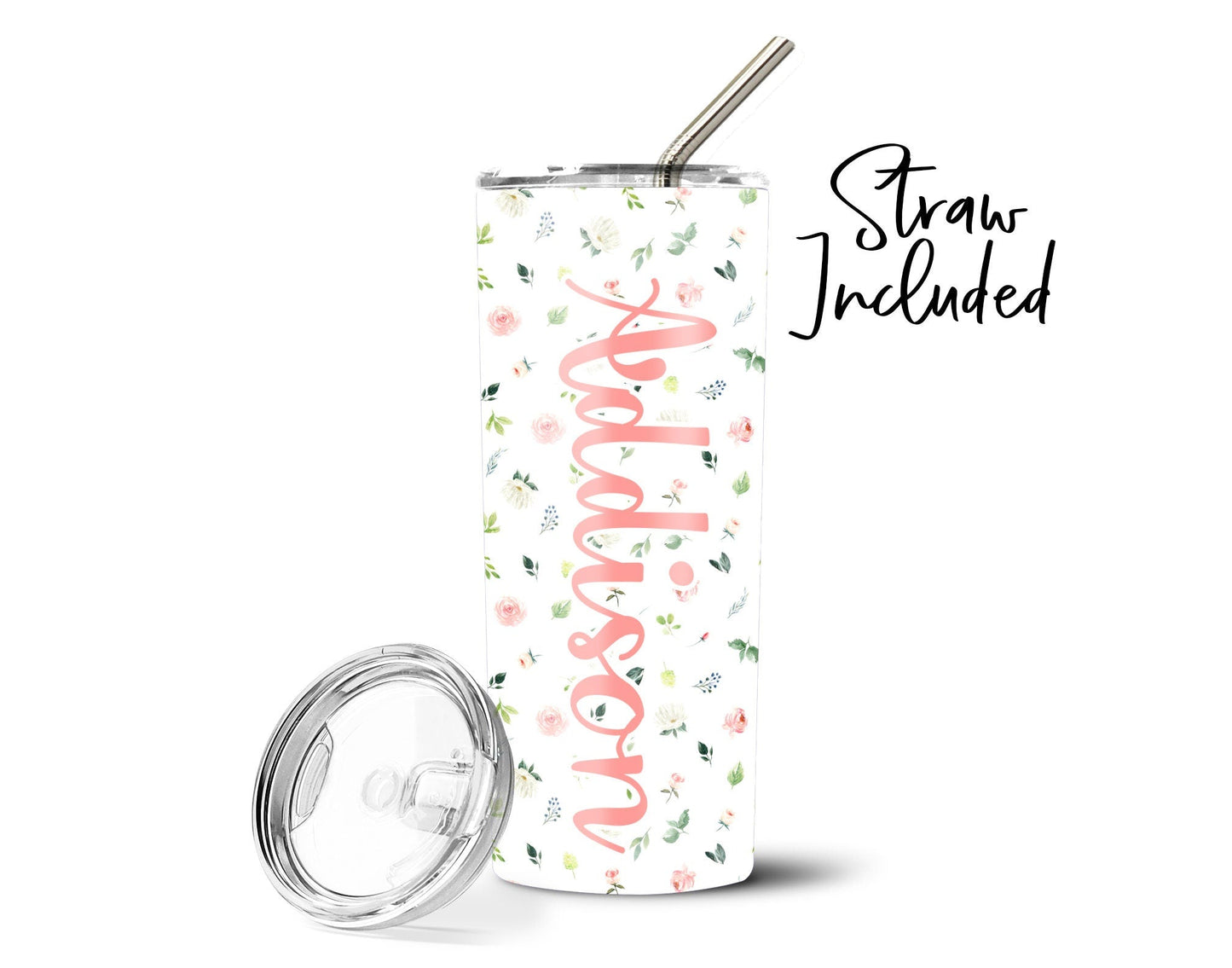 Floral Personalized Stainless Steel Tumbler with Stainless Steel Straw Small Floral Boho Gift Nature Present Water Bottle - Squishy Cheeks