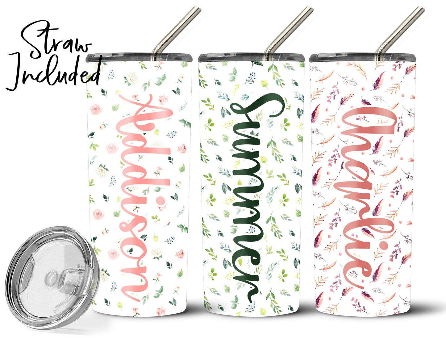 Floral Personalized Stainless Steel Tumbler with Stainless Steel Straw Small Floral Boho Gift Nature Present Water Bottle - Squishy Cheeks