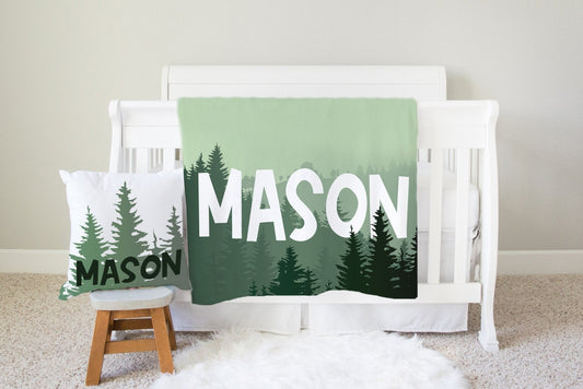 Forest Woodland Nursery Baby Boy Blanket Pillow Set Personalized Baby Swaddle Baby Shower Gift Name Blanket Receiving Blanket Plush Blanket - Squishy Cheeks
