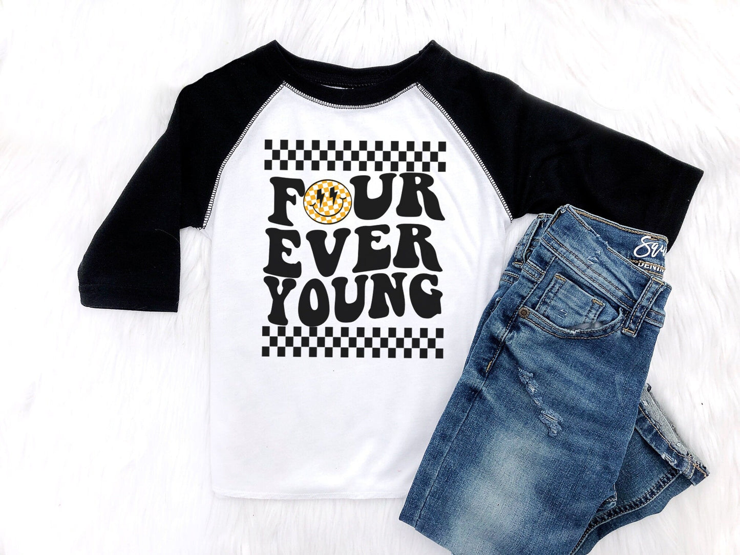 Four Ever Young Boy's Fourth Birthday Personalized 4th Birthday Checkered Skater - Squishy Cheeks