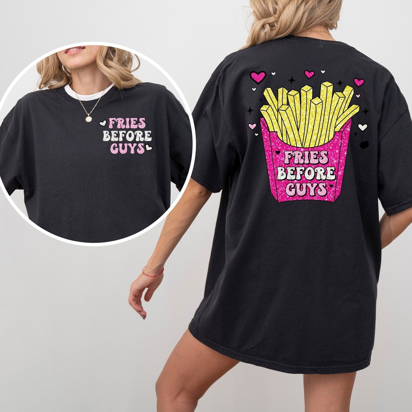 Fries Before Guys Faux Glitter Valentine's Day Pink Glitter Valentine Shirt - Squishy Cheeks