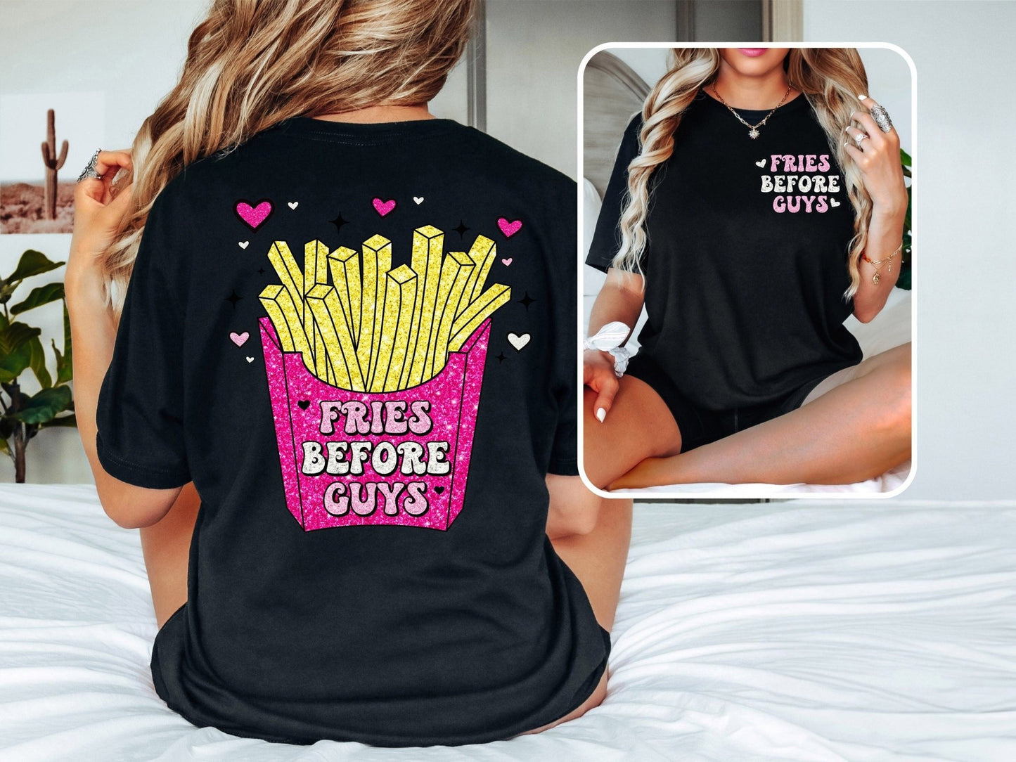 Fries Before Guys Faux Glitter Valentine's Day Pink Glitter Valentine Shirt - Squishy Cheeks
