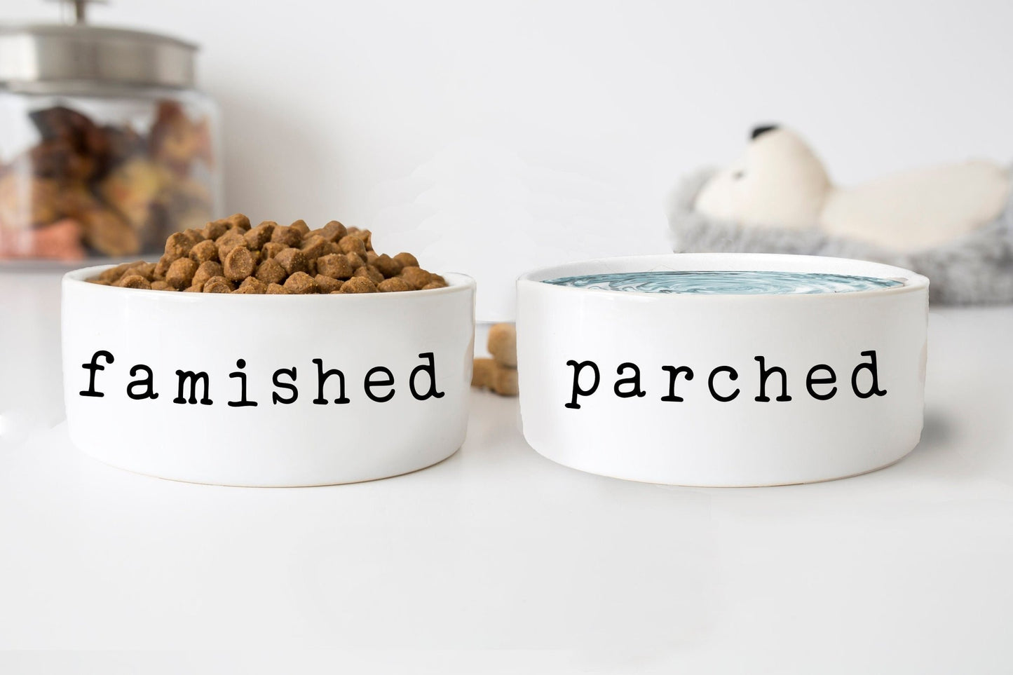 Funny Dog Bowls Famished Parched New Puppy Gift Heavy Food Bowl Water Bowl Cat Bowls Ceramic 6" or 7" - Squishy Cheeks