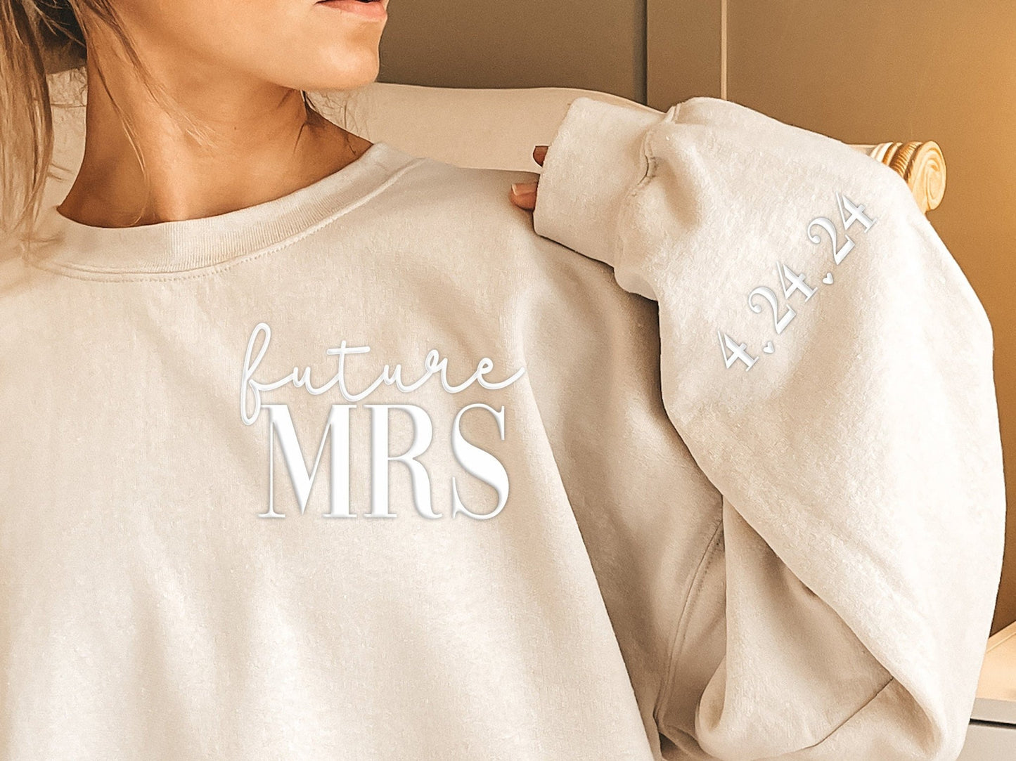 Future Mrs. Sweatshirt With Custom Wedding Date Sleeve Personalized Bride Shirt - Squishy Cheeks