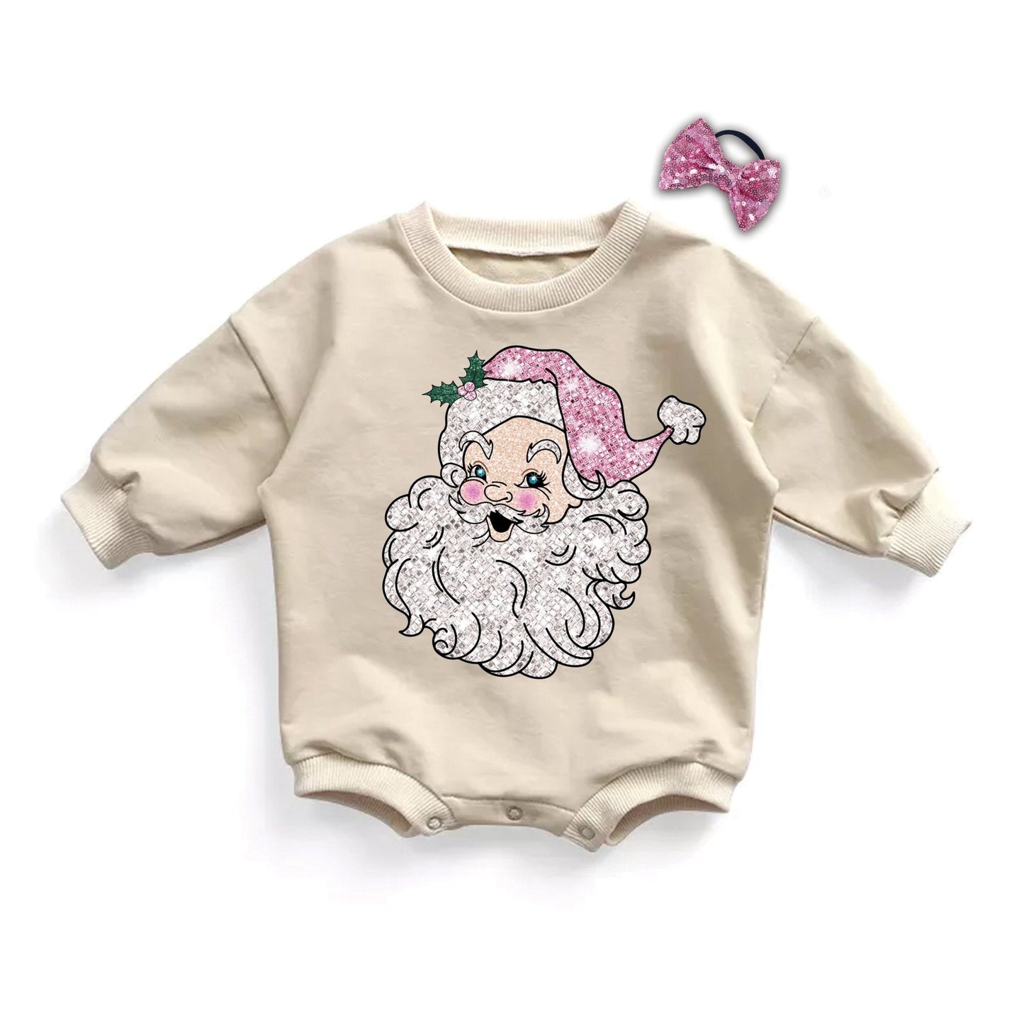 Girl Glitter Pink Santa Christmas Romper Pink Sweatshirt Sweater Weather - Squishy Cheeks