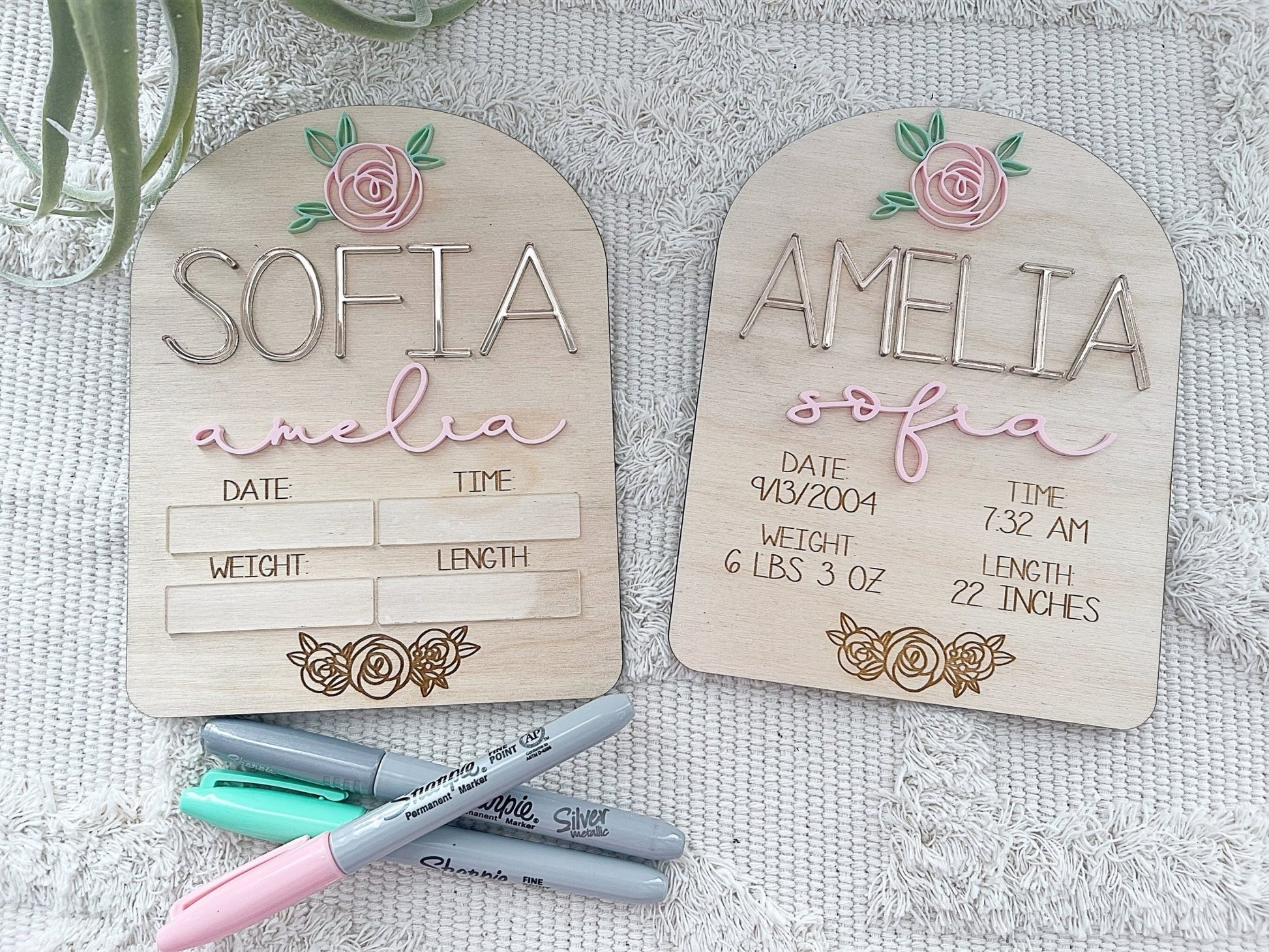 Girl Rose Birth Stat Name Sign Floral Wood - Squishy Cheeks